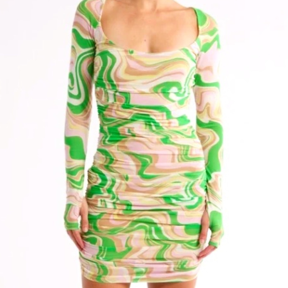 NWT AFRM LOS ANGELES green swirl ruched mini dress